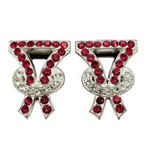 Red Clear Rhinestone Fur Clips, Art Deco Signed Goody C706
